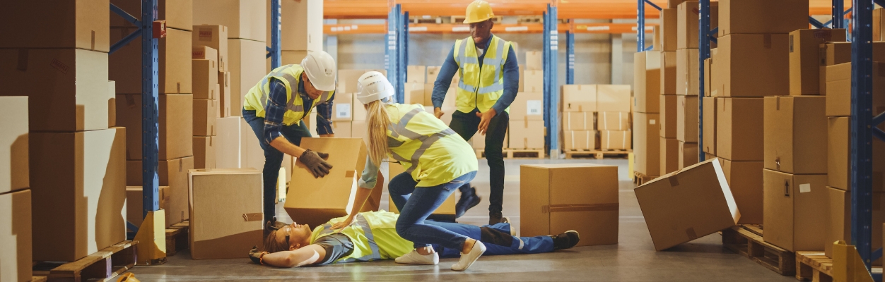 Injured person on floor in factory